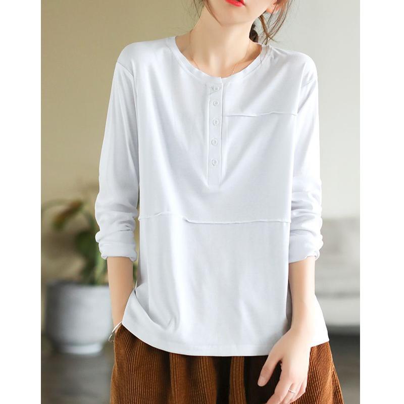 Женская мода винтажные однотонные пуговицы с длинным рукавом простые футболки весна осень простые повседневные свободные пуловеры с круглым вырезом