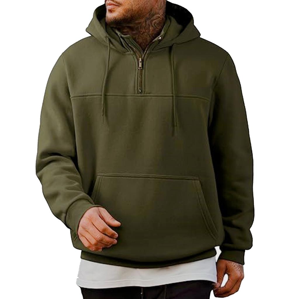 Men's Casual Solid-color Hooded Long-sleeved Pocket Sweatshirt , Men's Fleece And Thickened Warm Semi-zippered Sweatshirt Jacket