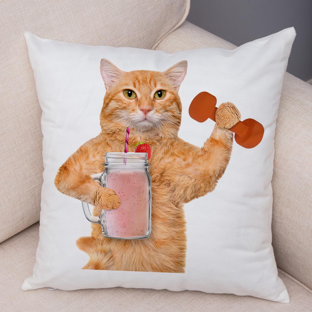 Funny Cat Dog Cushion Cover Fitness Animal Dumbbell Print Soft Fabric Living Room Sofa Home Decor Pillow Case