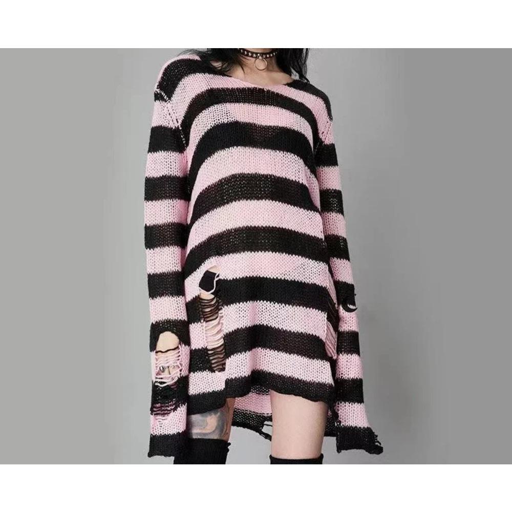 New Goth Punk Gothic Sweater Oversized Pullovers Women Striped Cool Hollow Out Hole Broken Jumper Harajuku Aesthetics Sweater