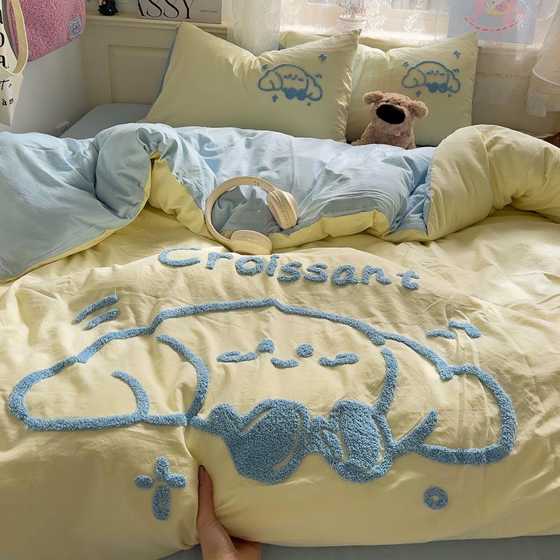 Cartoon Animal Embroidery Bedding Set For Adults Kids Cute Flat Fitted Sheet With Pillowcases Washed Cotton Colorful Full Size