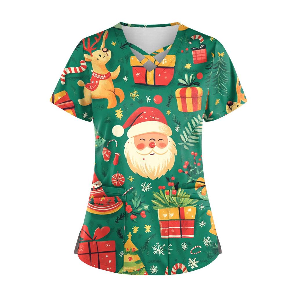 Women's Short Sleeve Stagger V Neck Christmas Print Pocket Dry-nurse Top