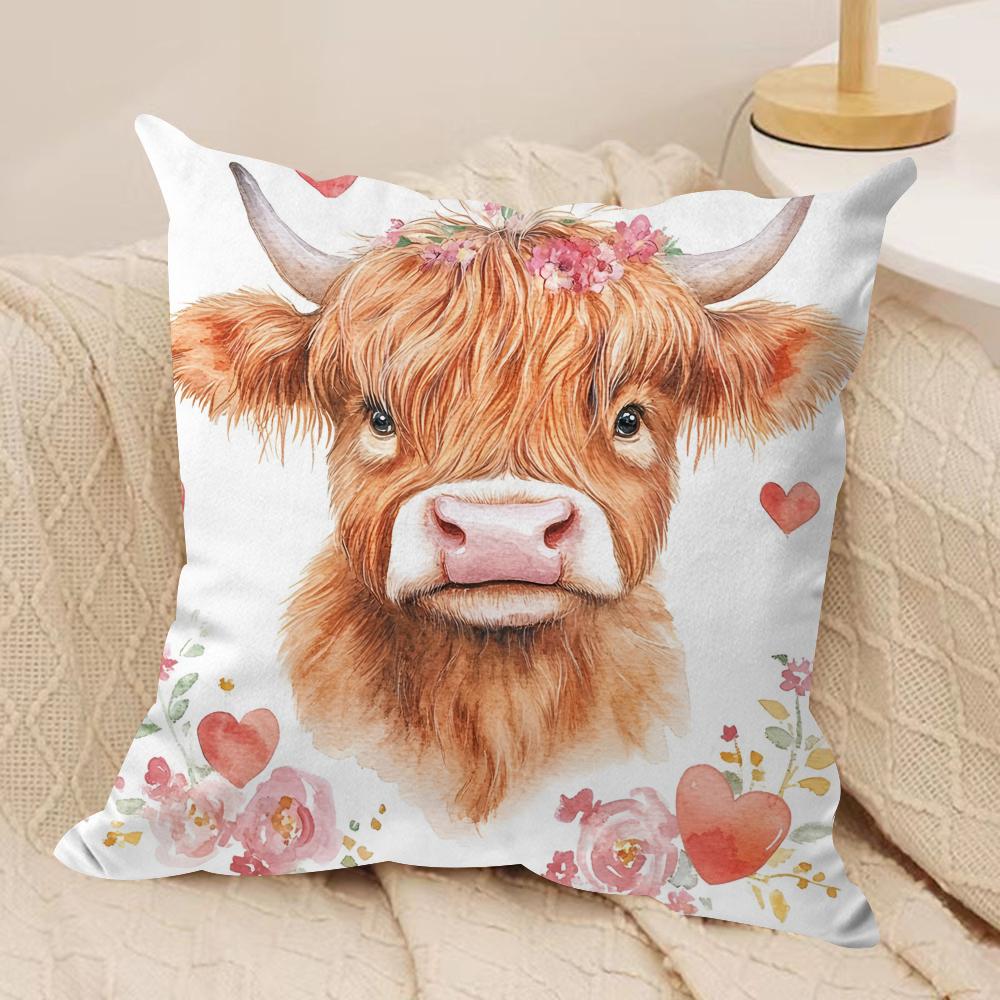 Highland cow and flower Cushion Cover Soft Plush Fabric DoubleSided Printed Cushion Covers for All Seasons Home Decor