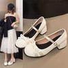Fashion Round Toe Shallow Mouth Open Toe Square Heel Single Shoes Summer New Bow One Strap Anti-Slip Wear-Resistant High Heels