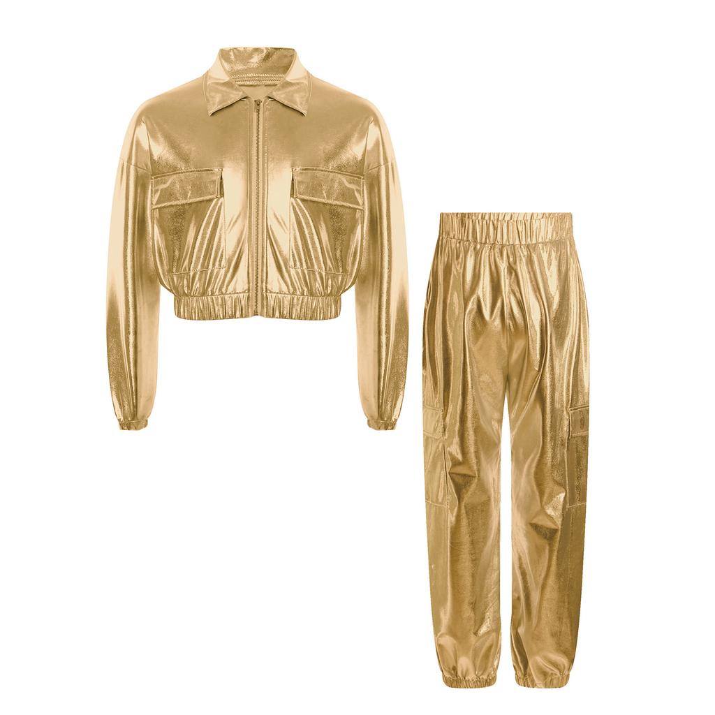 Unisex Kids Metallic Jacket Turn Down Collar Long Sleeve Outwear with Shiny Pants Dance Set