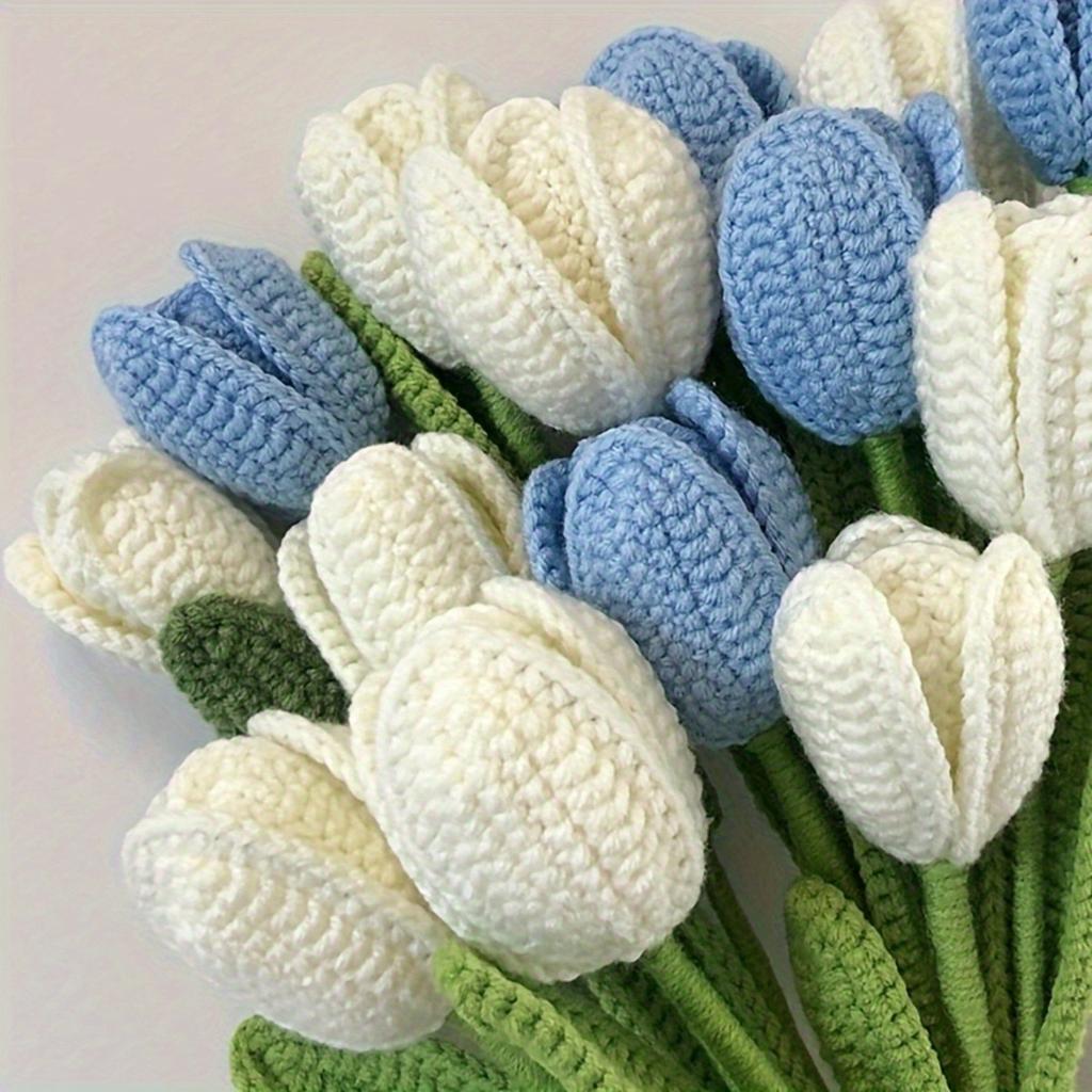 6 Pcs Forever Flowers Fake Tulips Artificial Flower Bouquet for Decoration Tulip Crochet Bouquet for Table Decor Handmade with Stem & Leaf Tulip