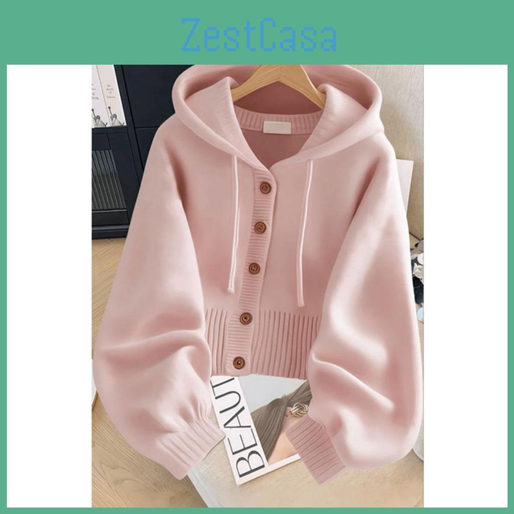 Front Womens Sweater Soft Buckle Open Windbreaker Machine Washable Hoodie For Autumn And Winter Medium Stretch Hooded Collar