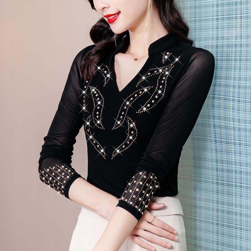 Base Shirt for Women Long-sleeved Early Spring New Red Hot Diamond Fashionable Cotton T-shirt