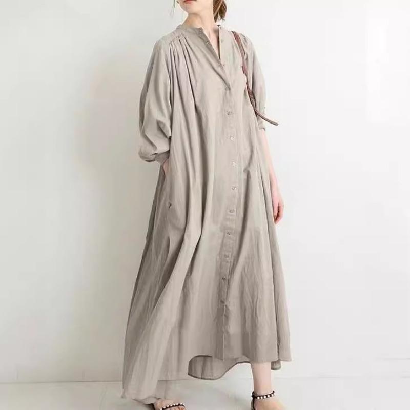 Summer Loose Plus Size Shirt Dress Base Shirt Clean Color Cotton Linen Retro Casual Stand Up Collar Big Swing Dresses