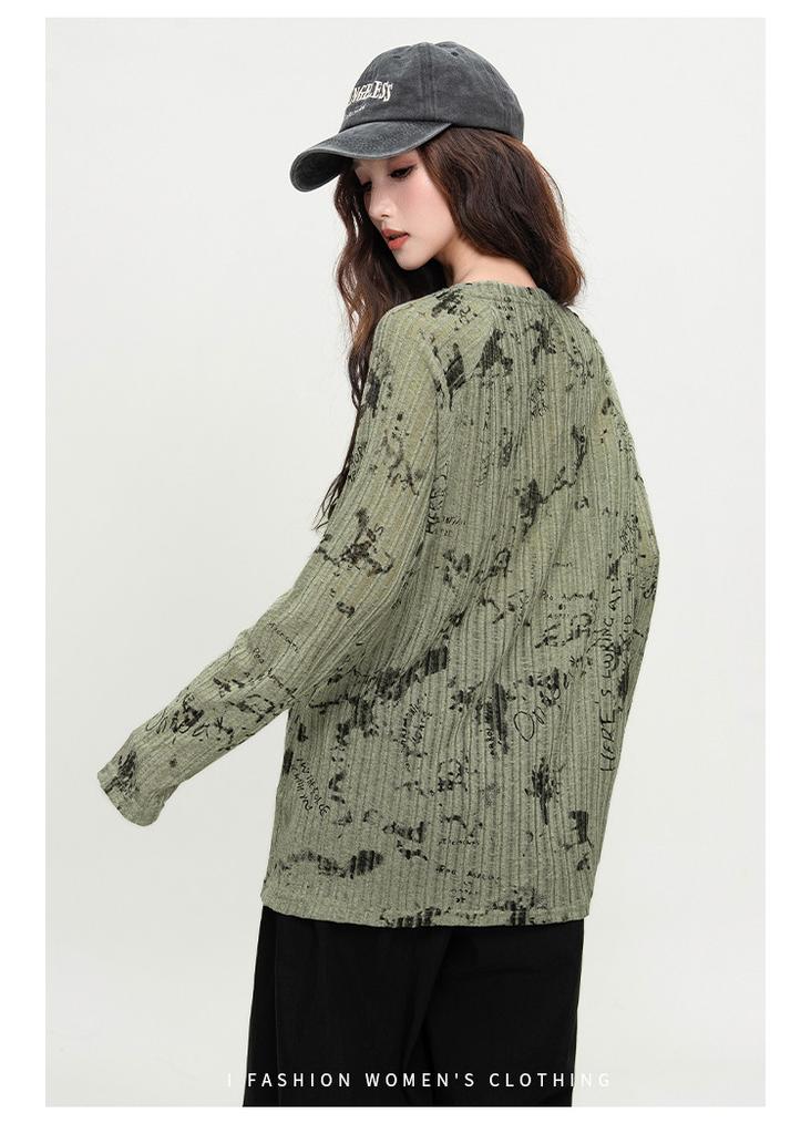 European and American loose printed long-sleeved T-shirt cover for women in summer 2025, breathable and comfortable, versatile knitted top