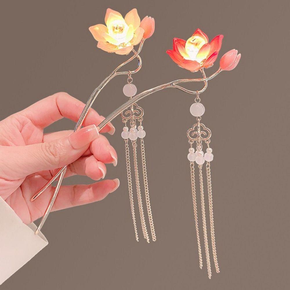 Zinc Zinc Alloy Lantern Hairpin Flower LED Light Hair Fork Exquisite Lotus Tassel Hair Stick Cheongsam