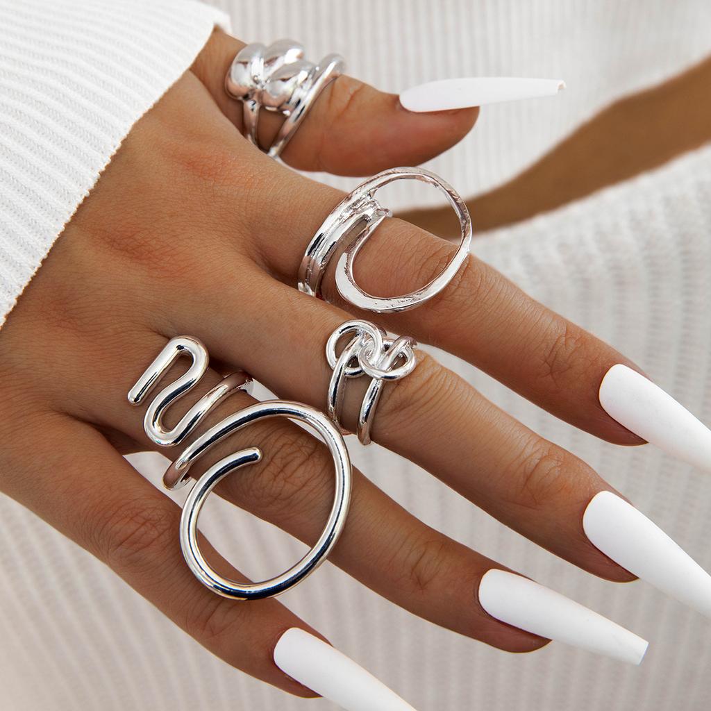 European and American Style Geometric Irregular Fashion Ring Set, Personalized Design, Imitation Pearl Layered Ring Ring