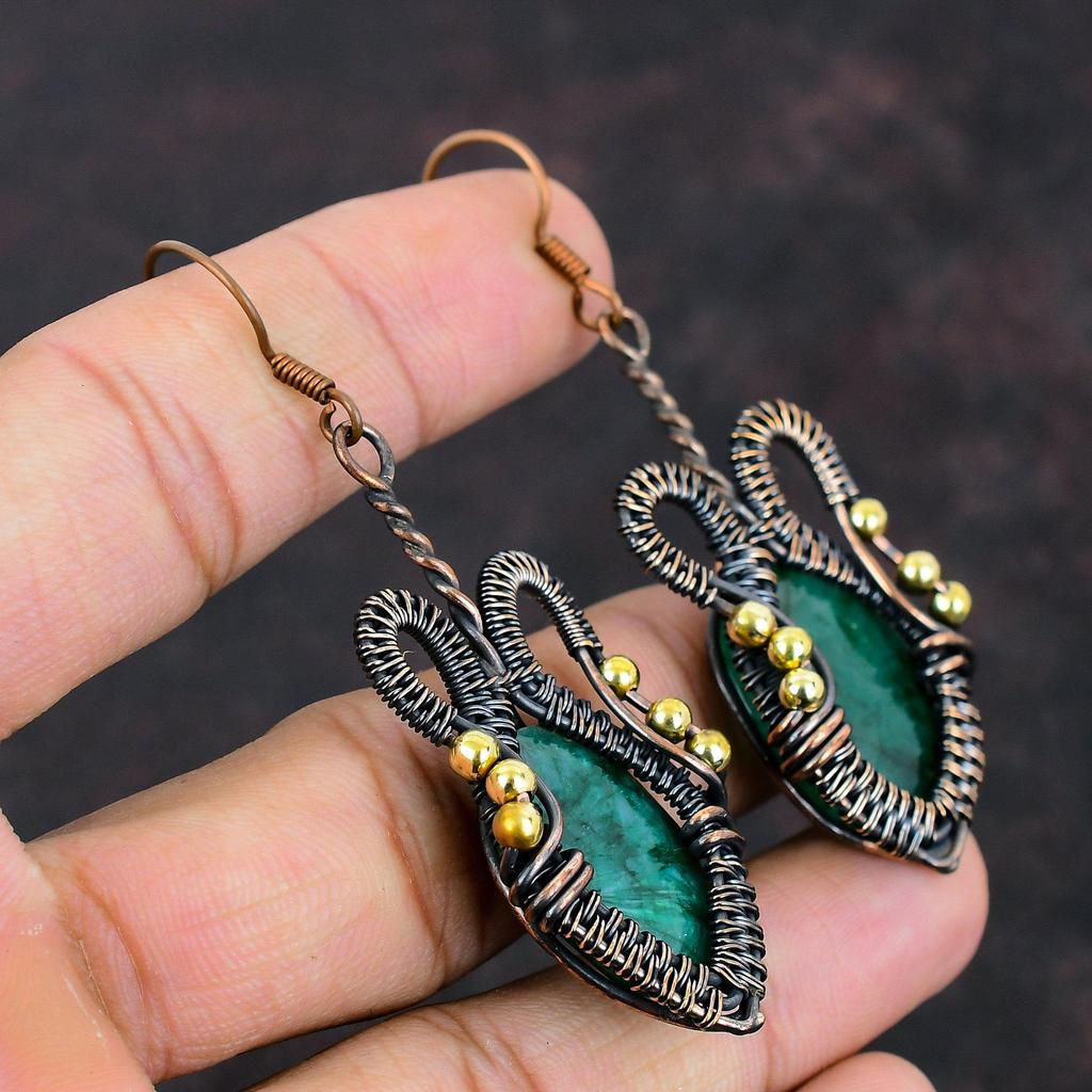 Граненые серьги с замбийским изумрудом, медная проволока, серьги ручной работы, антикварные ювелирные изделия, серьги с драгоценными камнями, свадебный подарок, медная проволока, ювелирные изделия