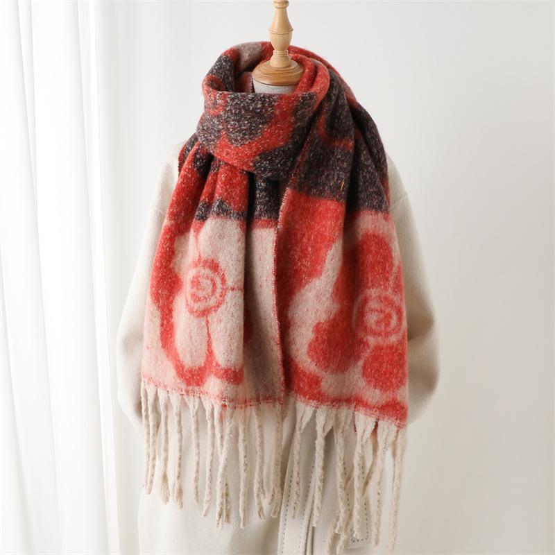 Flower Pattern Winter Warm Women Scarf Simple Soft Faux Cashmere Blanket Wrap Shawls Foulard Pashmina Neckerchief Poncho Tassel