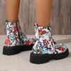 Large Size Boots Autumn European and American Printing Casual Round Head Lace-up Low-heeled High-top Boots