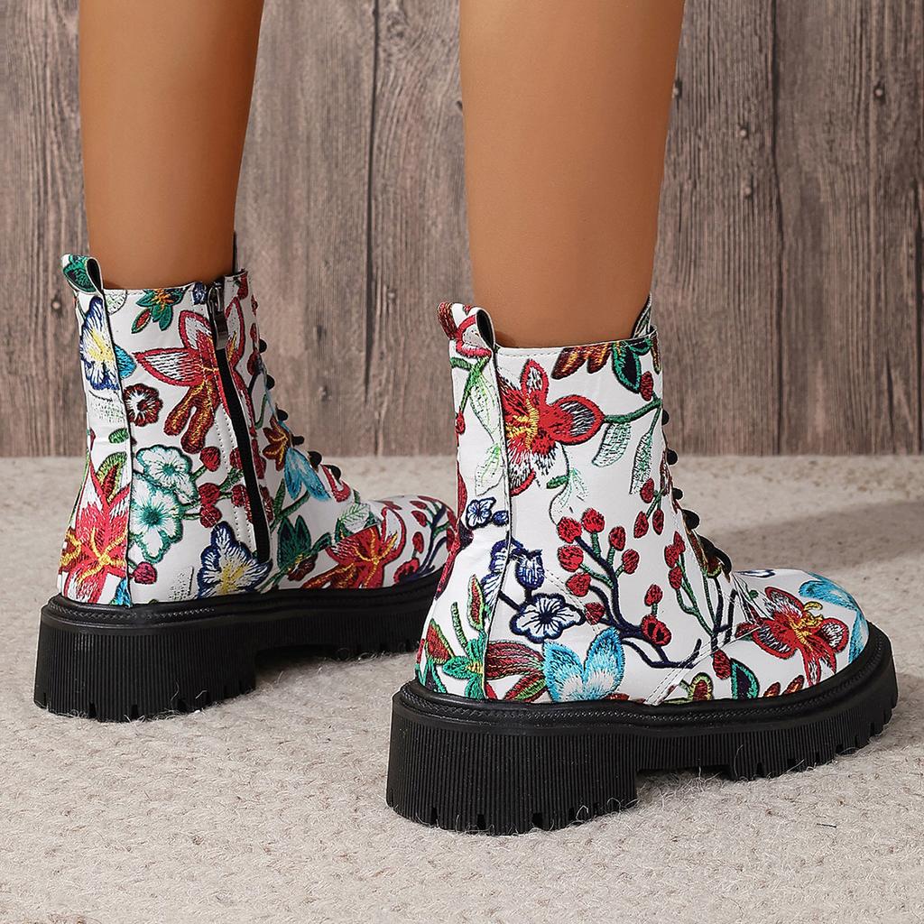 Large Size Boots Autumn European and American Printing Casual Round Head Lace-up Low-heeled High-top Boots