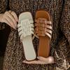 French Retro Cool Slippers Women's Summer Wear Flat-bottomed Soft Leather Non-slip One-word Slippers Woven Soft Bottom Brown