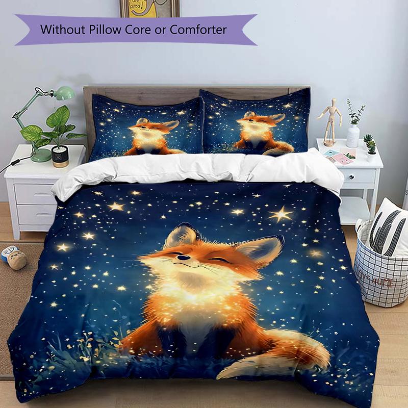 3pcs Enchanted Fox Gazing at Starry Night Sky Quilt Set, Soft and Comfortable Bedroom