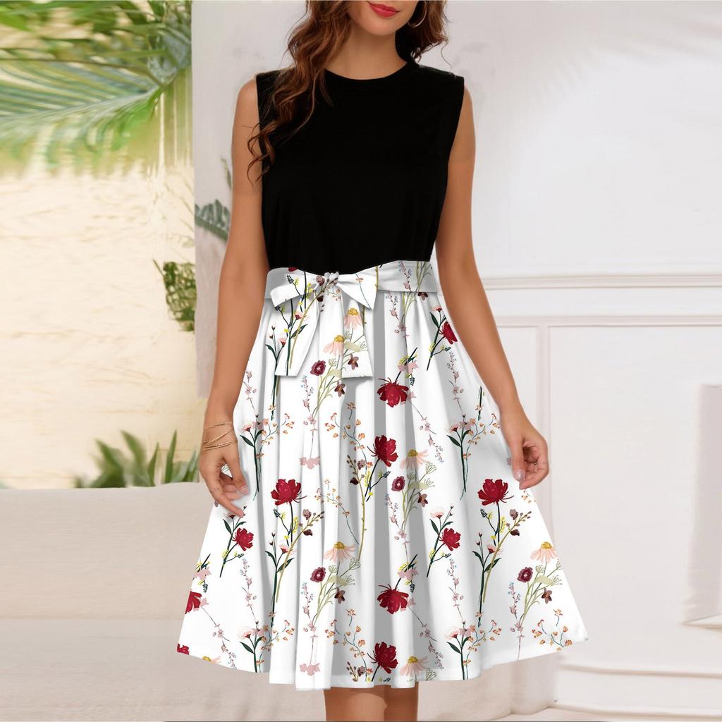 Женское модное повседневное короткое платье без рукавов со шнуровкой и круглым вырезом