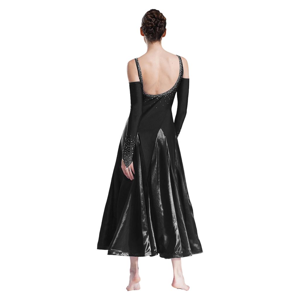 Женское бальное платье для танцев с V-образным вырезом, открытой спиной, открытыми плечами, блестящими стразами, расклешенным подолом, сценическое платье для выступлений