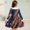 Girls High Neck Long Sleeve Tropical Leaf Printed A Line Flared Dress With Waist Bow And Furry Trim