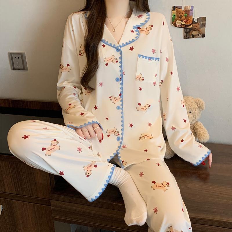 Simple puppy sweet spring ins striped shell hemming imitation cotton pajamas casual long-sleeved set