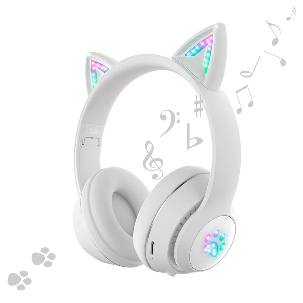 Cute Cat Ear Headset, Bluetooth Earphones, Wireless Sports Stereo Headset for Women with Illuminated Cat Ears, 5.0 Sound Quality, LED Lights,