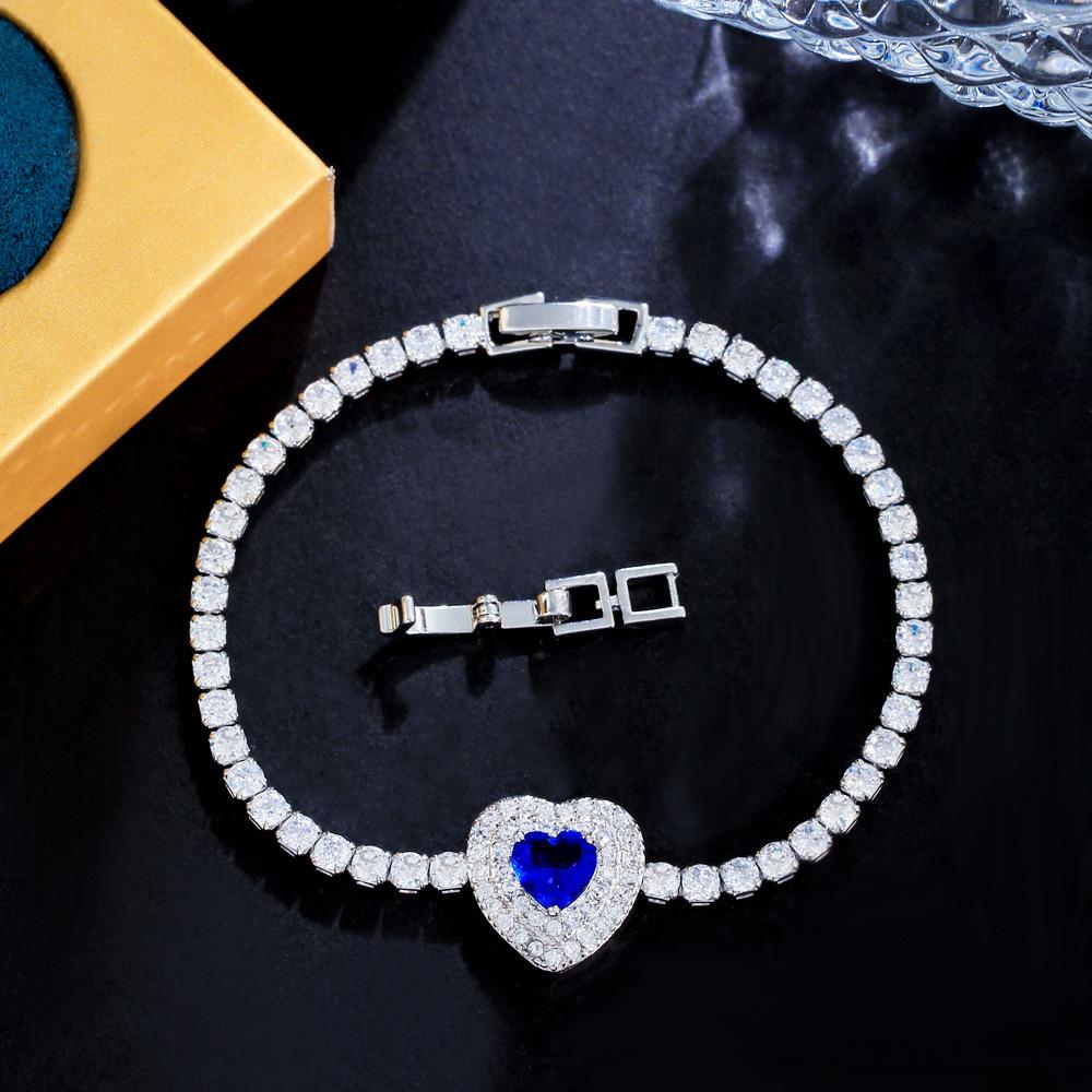 Браслет Сердце с Полной Бриллиантовой Отделкой в Стиле Легкой Роскоши, Микровставка Циркона, Сапфировые Украшения