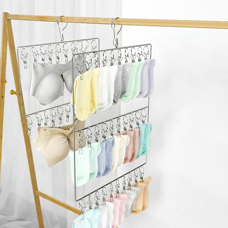 Stainless Steel Foldable Clothes Hanger Laundry Drying Rack With 20/30 Clips Save Space Closet Organizer For Socks Bras Towel
