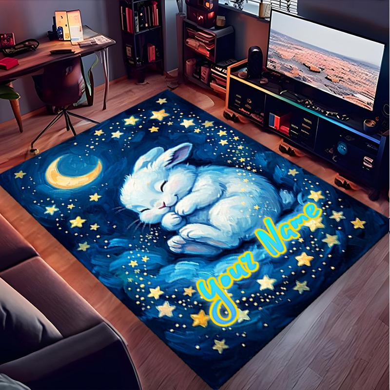 1PC Custom Name Moonlit Bunny Dreams Theme Floor Mat Ideal for Living Room, Game Rooms, Office, Bedroom,Floor Mat Playful Design