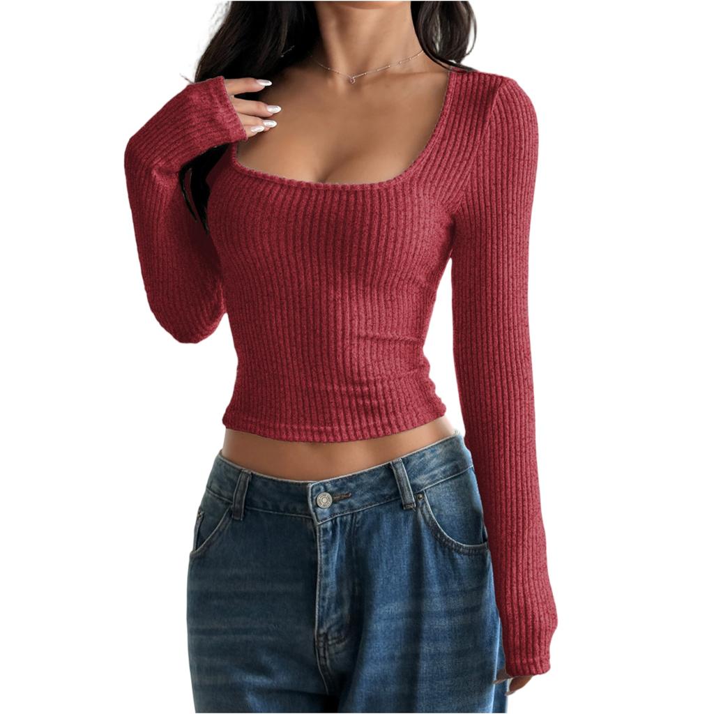 Women's Fashionable Solid Color Long Sleeved Square Neck Slim Fit Sexy Base Shirt T-shirt Top