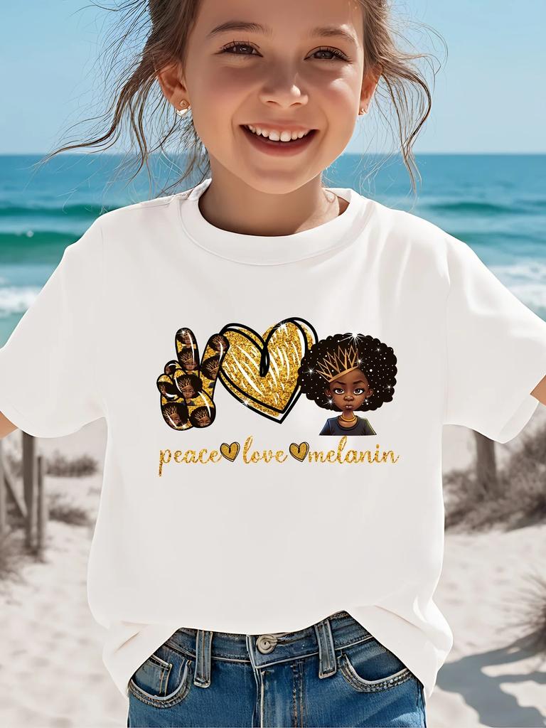 Cute Afro Queen Peace Love Melanin Print Tee For Girls Black Pride Cartoon Character Kids Short Sleeve T Shirt