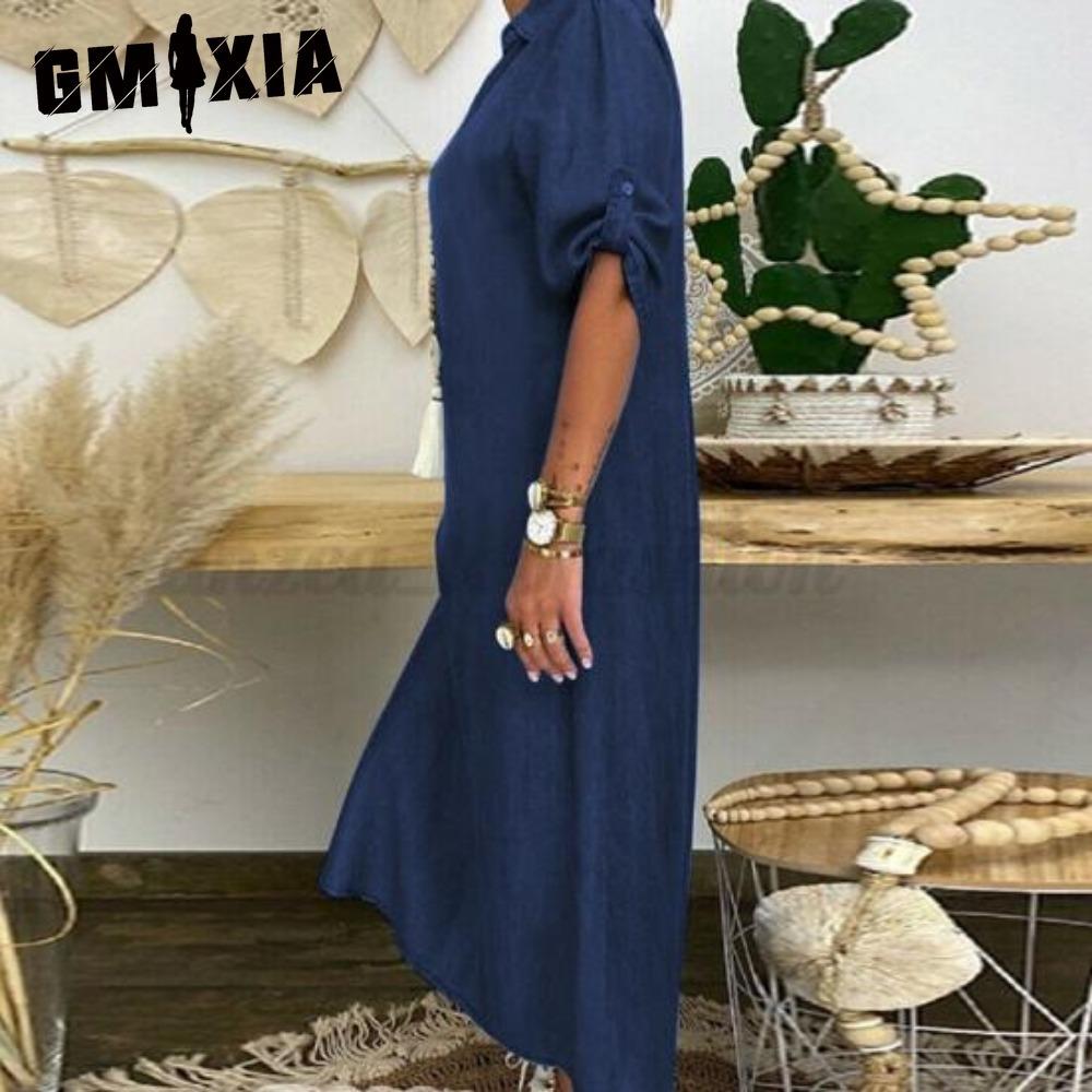 GMXIA Летнее джинсовое платье для женщин, повседневные весенние синие макси-платья с V-образным вырезом и рукавом до локтя, большие размеры, длинные платья с разрезом