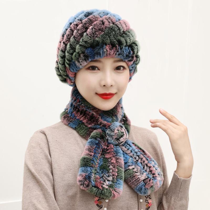 Winter Knitted Natural Fur Hats Scarves Sets Women Warm Real Rex Rabbit Fur Hat Scarf Lady Fashion Thick Rex Rabbit Fur Hat