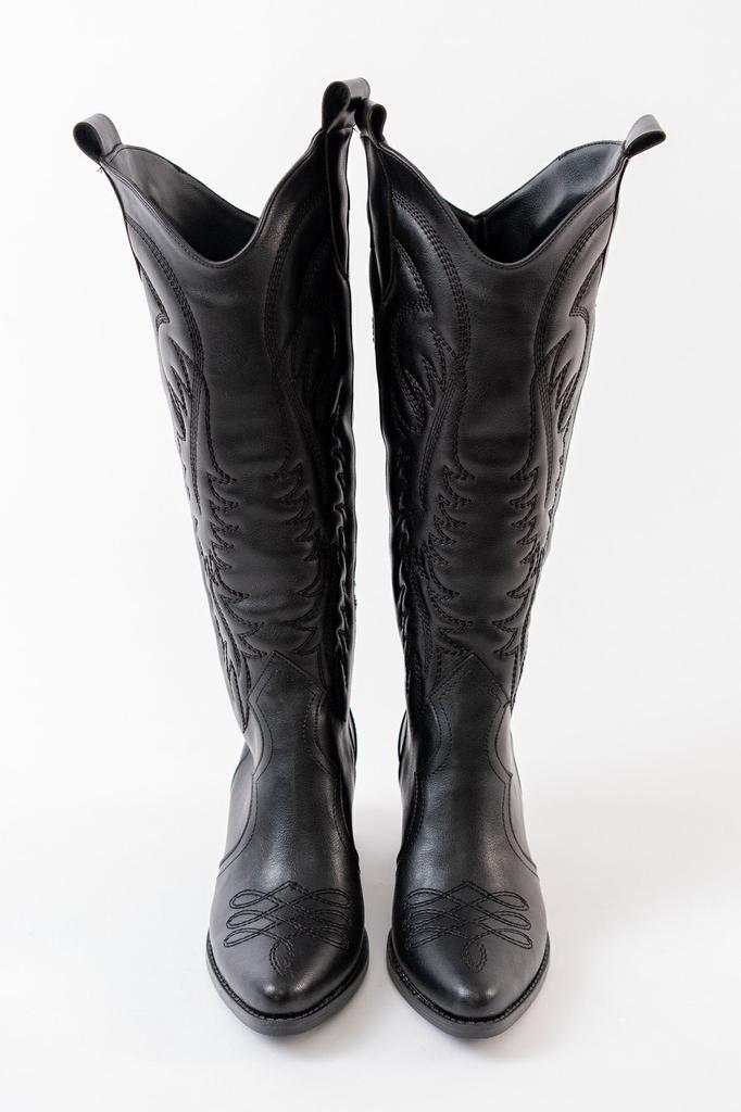 Женские современные стильные модные ботинки, сапоги из искусственной кожи, черные кожаные ковбойские длинные сапоги с вышивкой