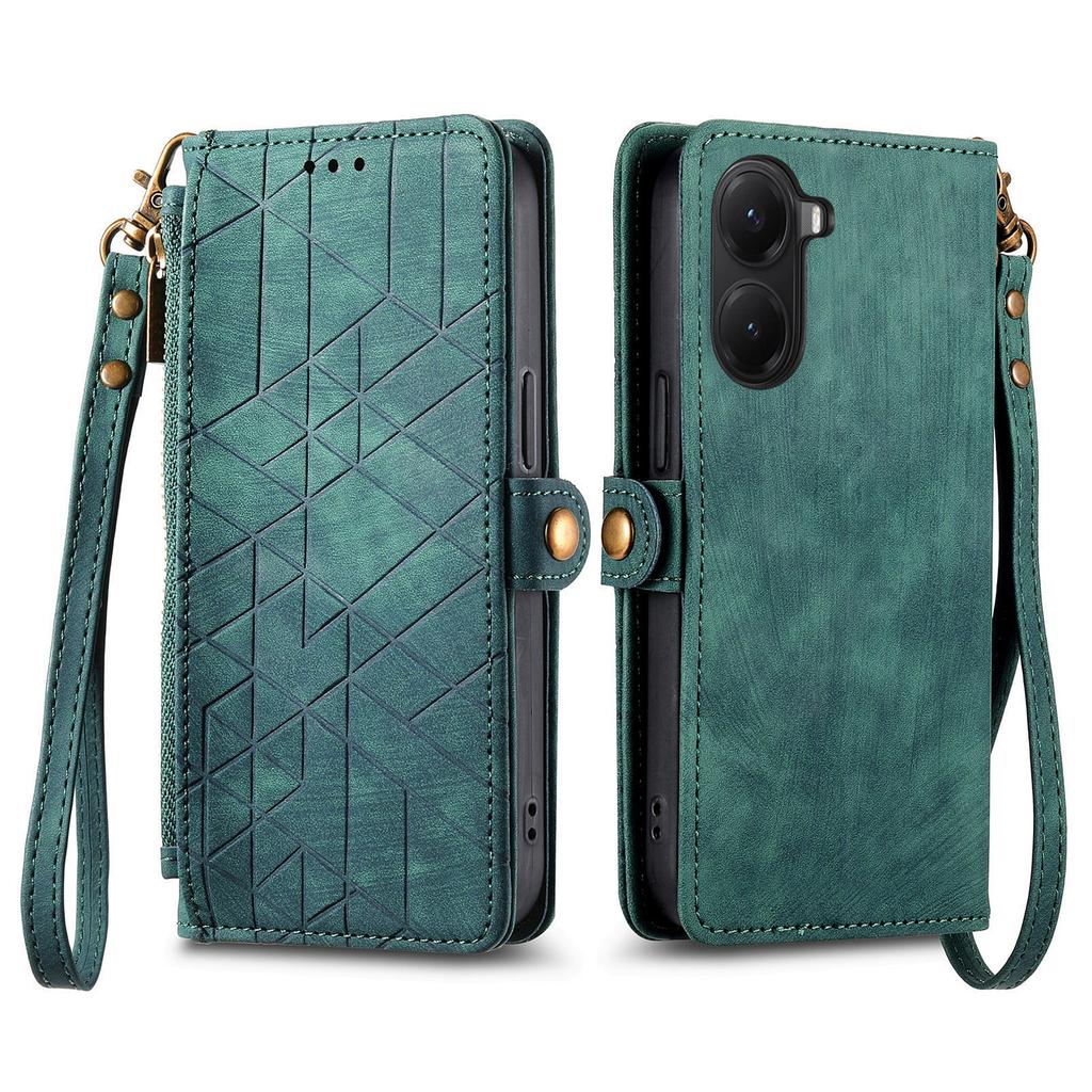 For Xiaomi Poco X7 Pro 5G Zipper Wallet Case Geometry Lines Leather Phone Cover with Strap