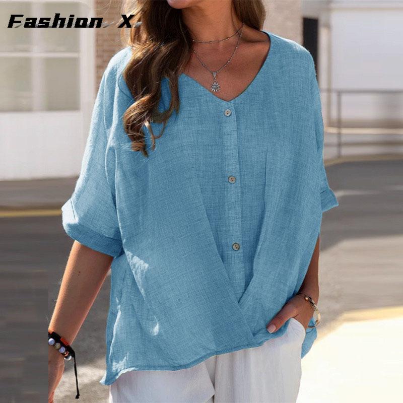 Cotton T-shirt V-neck Short Sleeve Loose Women's Shirt Casual Tops