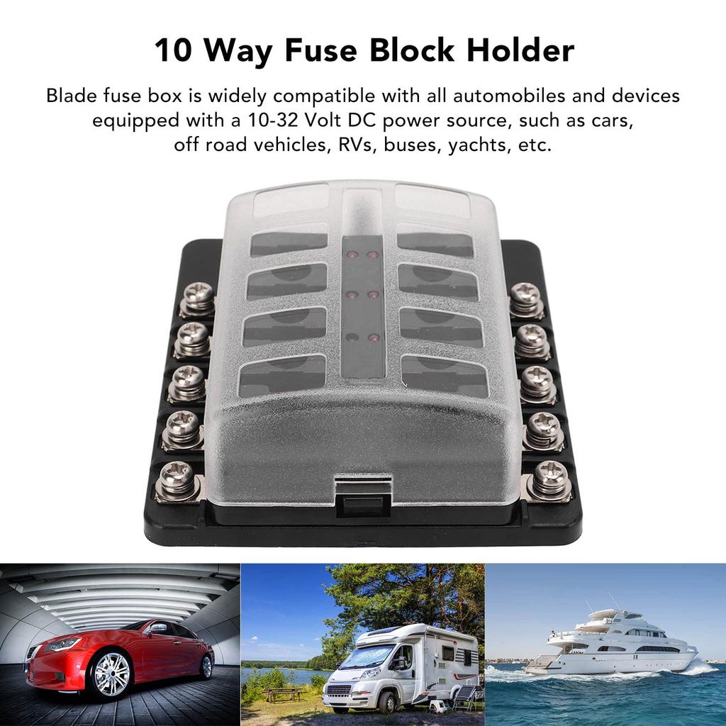 Fuse Box, 10 Way Fuse Block Holder Output 12-16AWG Splashproof Input 4-6AWG For Yacht Boats