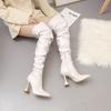 Fashion Winter Leather Boots Women Stiletto Pointed Toe White Heeled Knee Boots Wine Glass Heel Side Zipper Thigh Gigh Booties