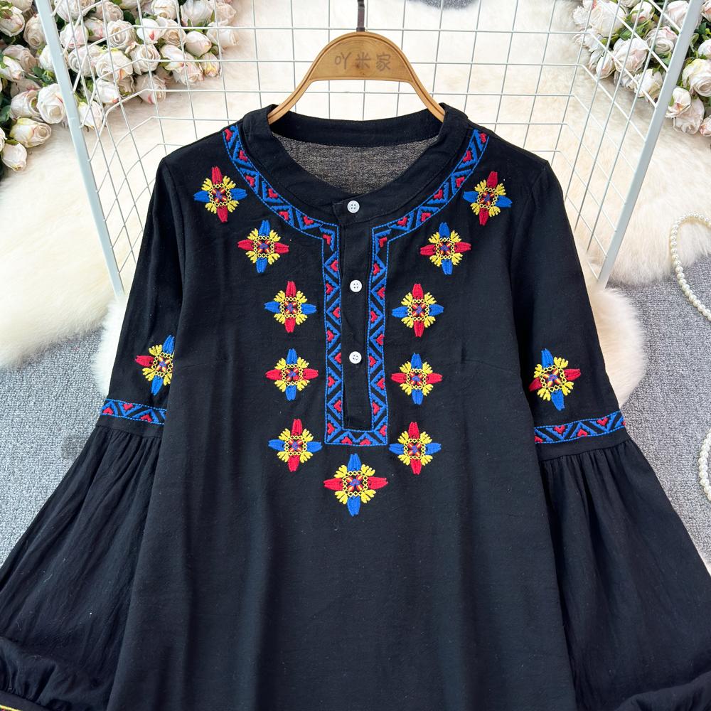 Женская блузка в этническом стиле с круглым вырезом и вышитыми рукавами-фонариками в стиле ретро, летние женские топы с цветными блоками