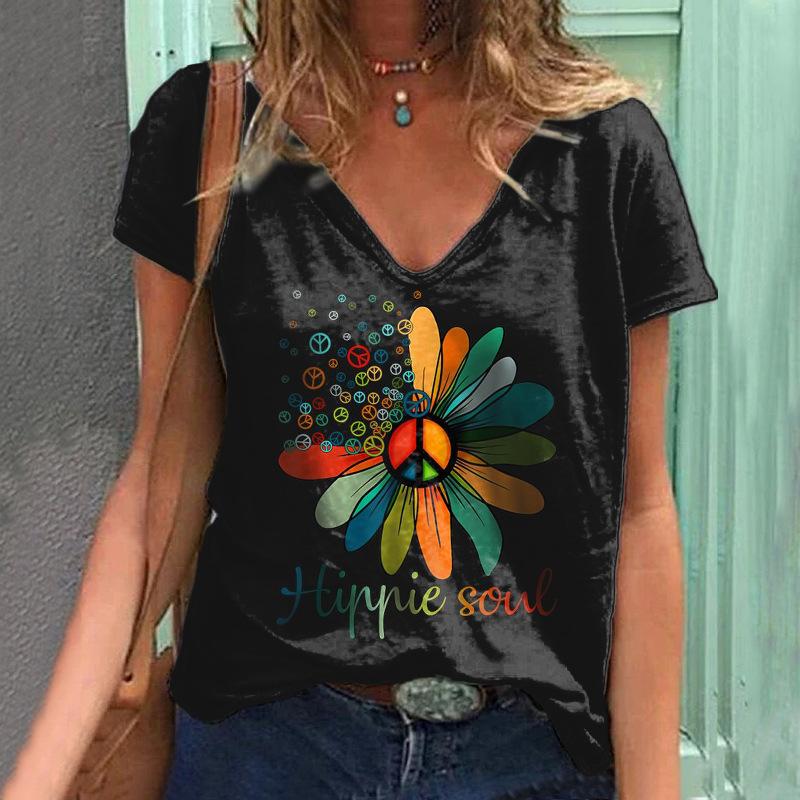 Футболки для женщин Лето 2024 Хиппи женская футболка Топ с пайетками Модные топы с коротким рукавом и принтом Большие размеры Свободные футболки Рубашка
