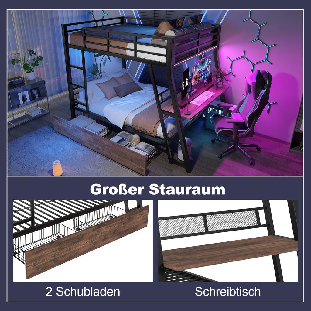 Loft Bed, 140 x 200cm, Iron Frame, LED Strip, Drawers, Railing, Stairs, Desk, without Mattress, Black
