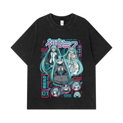 Стиранные футболки 275 г/м² 100% Хлопок Принт Vocaloid V1 Hatsune Miku Унисекс Тяжелая хлопковая футболка