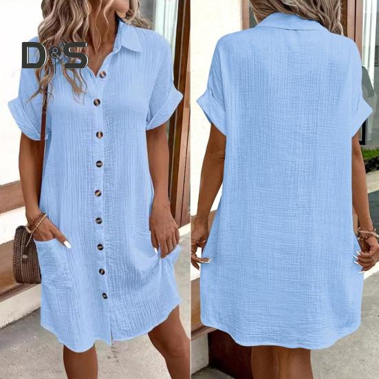 Summer Women Dress Turn-down Collar Single-breasted Loose Short Sleeves Loose Solid Color Patch Pocket Knee Length Commute Leisure Midi Dress