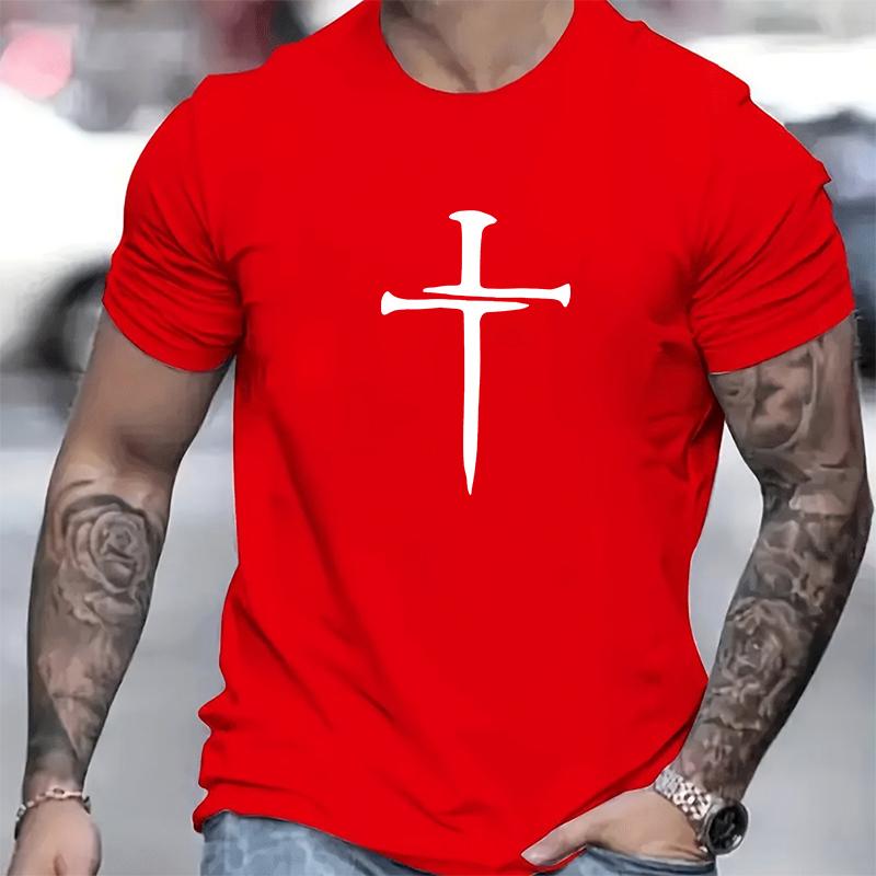 Cotton Short Sleeved Men's T-shirt with Cross Pattern Printed On It, Men's Summer Outdoor Clothing, Daily Style, Fashionable and