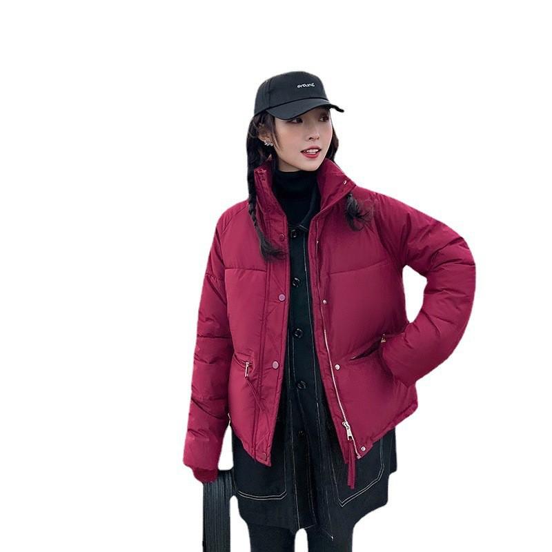 Womens Short Puffer Jacket Winter Warm Cotton-Padded Coat Loose Fit Stand Collar Red White Black Beige
