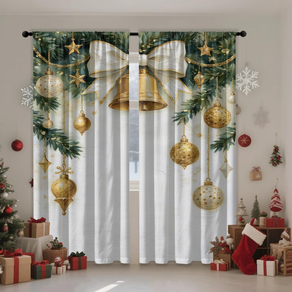 2 шт. Роскошные золотые рождественские шторы с орнаментом и бантом, Дизайн для светоблокировки, Премиальный материал, Подходят для Ч