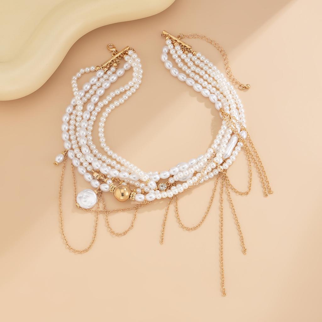 Irregular Imitation Pearl Necklace Retro Style Mulitilayered Choker Tassel Wedding Accessories