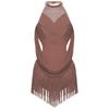 Girls Latin Dance Leotard Ruched Mesh Drapes Cutout Tassel Design Glittery Rhinestones Costume