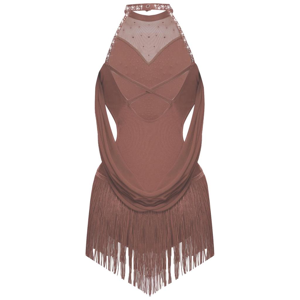 Girls Latin Dance Leotard Ruched Mesh Drapes Cutout Tassel Design Glittery Rhinestones Costume
